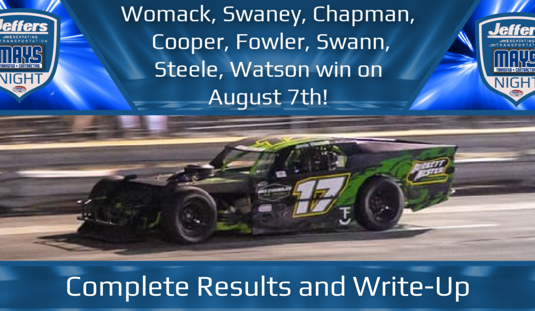 Womack, Swaney, Chapman, Cooper, Fowler, Swann, Steele, Watson win on August 7th!